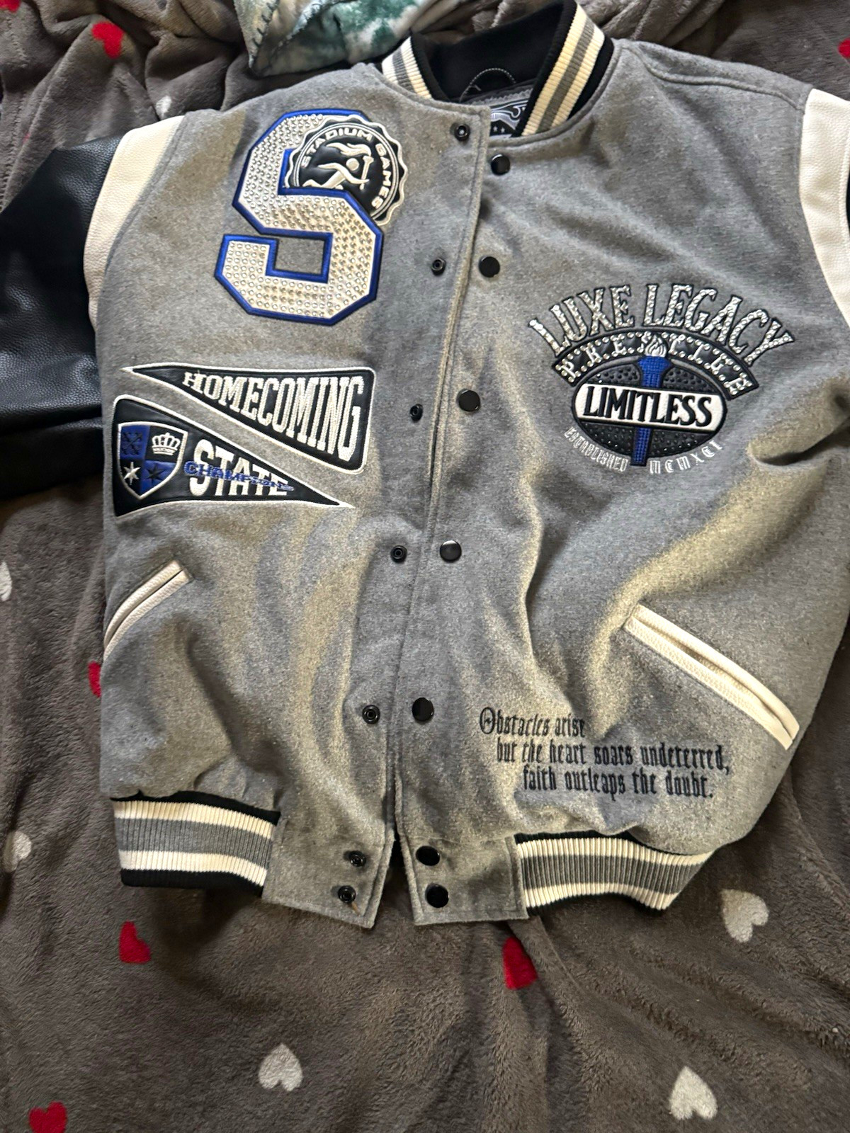 Luxe Legacy Men’s Varsity Jacket XL Snap Front Embroidered Patches Pockets