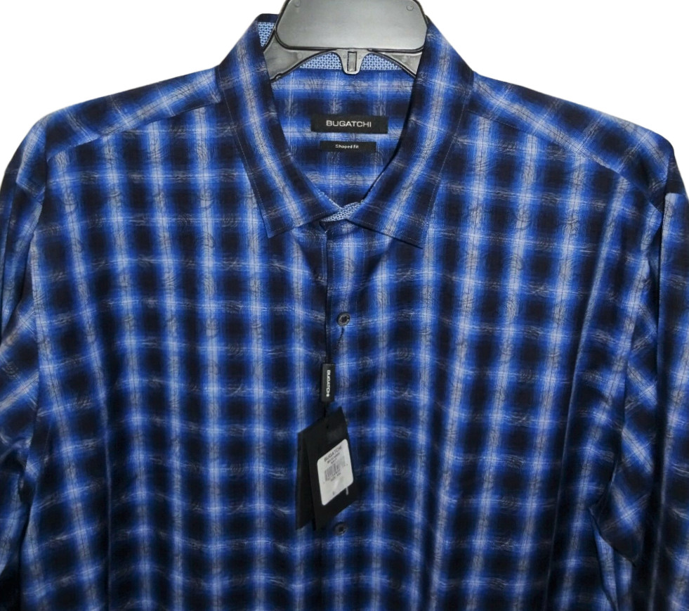 Bugatchi Long Sleeve Shirt XXL Shaped Fit Navy Blue Wavy Geo Check Pattern NWT