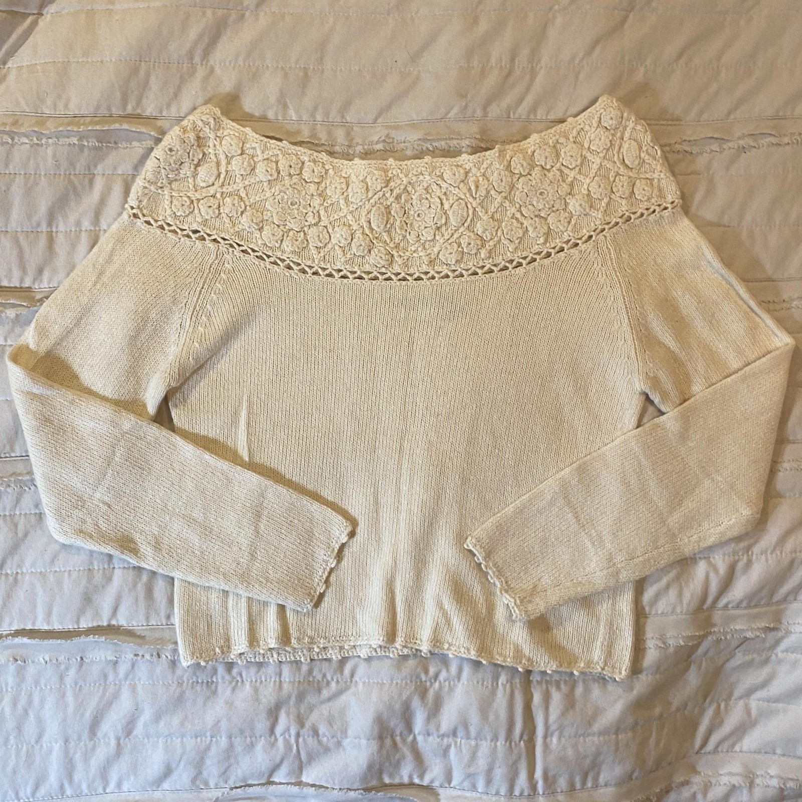 Vtg Styleworks Sweater Womens Small Cream Crochet Floral Crop Angora Ramie 90s