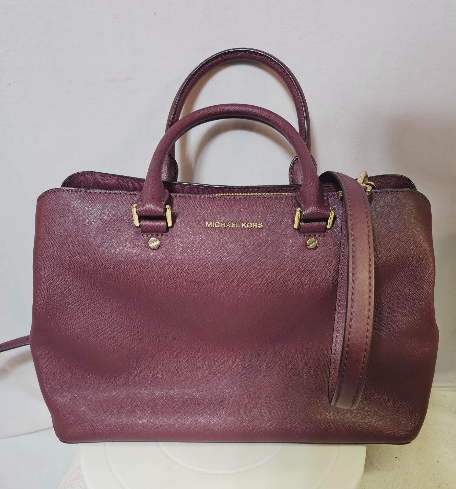 Michael Kors Savannah Large Satchel Burgundy Saffiano Leather Crossbody Bag Gold