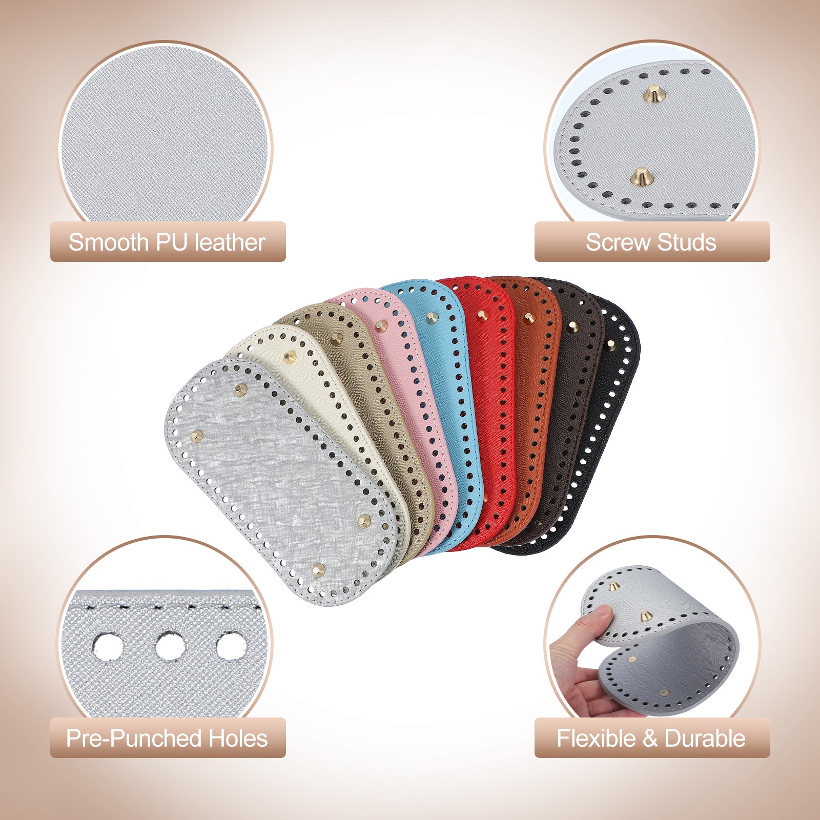 2Pcs Oval PU Leather Bag Bottom Shaper with Holes & Nails 9.8×4.7 Inch Silver