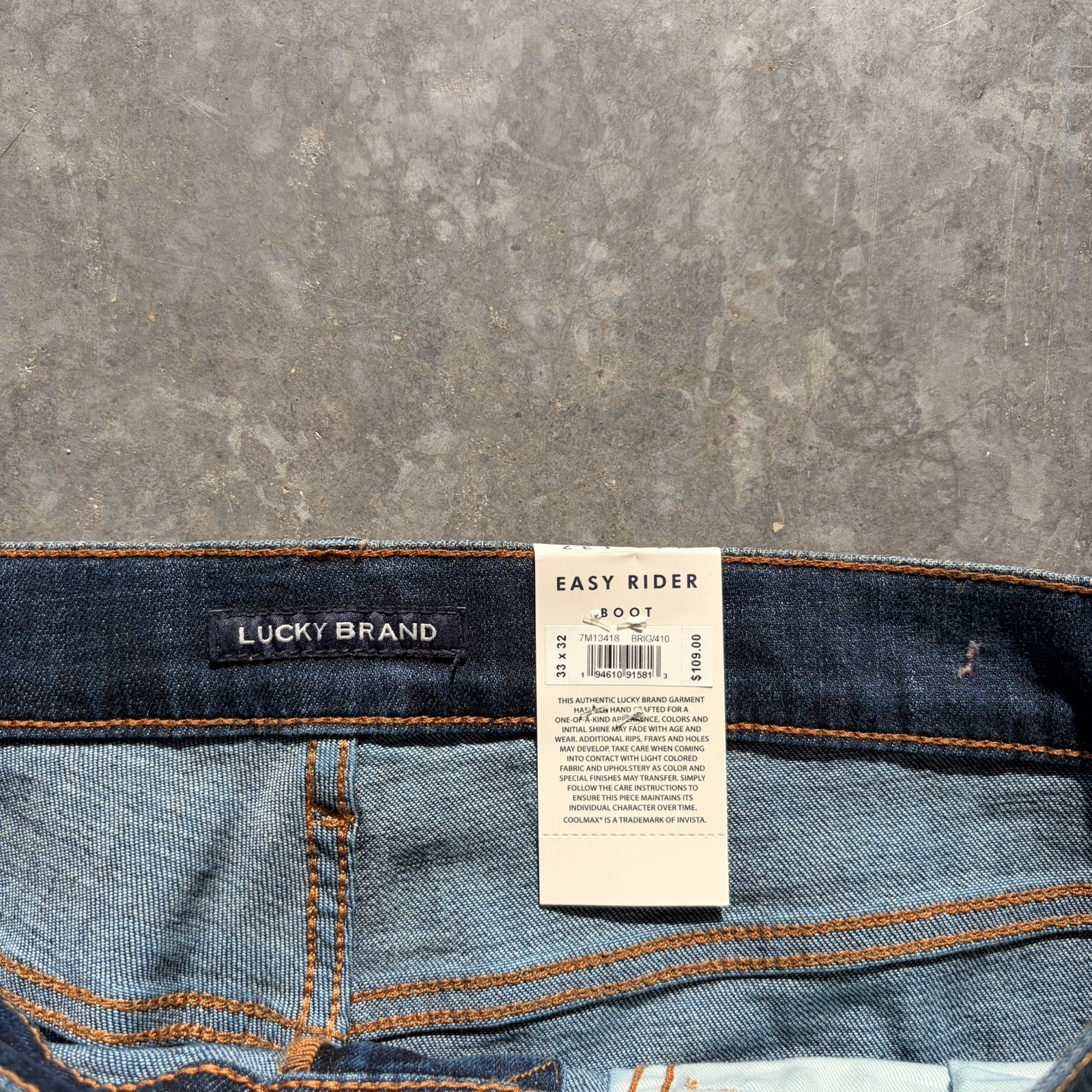 Lucky Brand Easy Rider Boot $109 MSRP Jeans Mens 33×32 Dark Wash Coolmax NWT