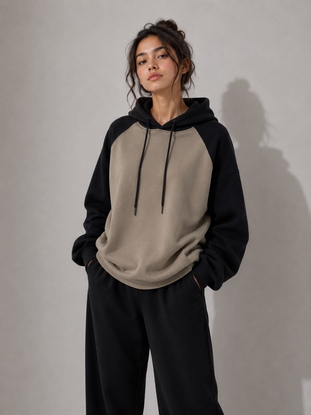 Women’s 2 Piece Hoodie & Wide Leg Pants Set Beige Black Casual Tracksuit Outfit