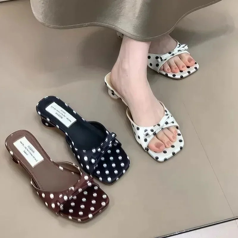 Gladiator Women Polka Dot Slippers Summer Thick Heel Mules Shoes Elegant Butter