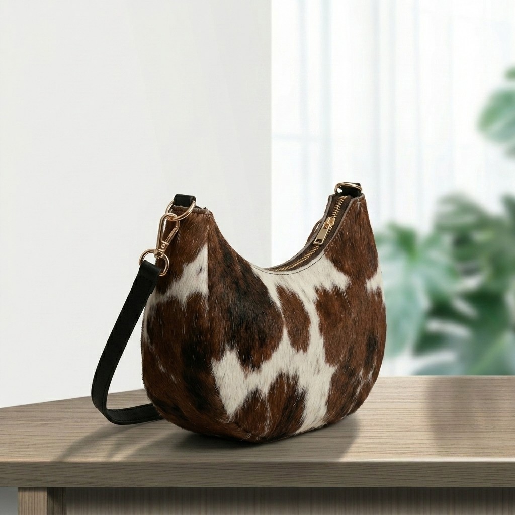 Genuine Cowhide Leather Tote Bag Hair-On Brown White Shoulder Handbag Western