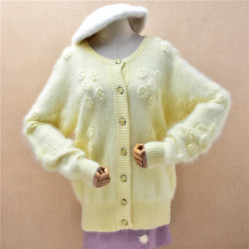 Women Soft Hairy Angora Rabbit Hair Vintage Flower Loose Cardigans Sweater Coat