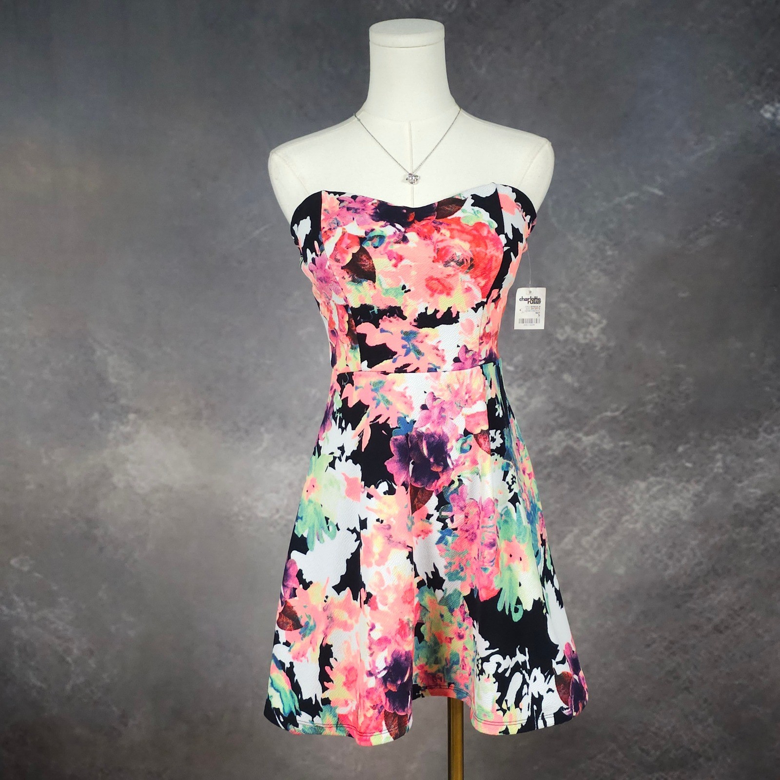 NWT Vintage Y2K Charlotte Russe Indie Floral Strapless Skater Mini Dress Black S