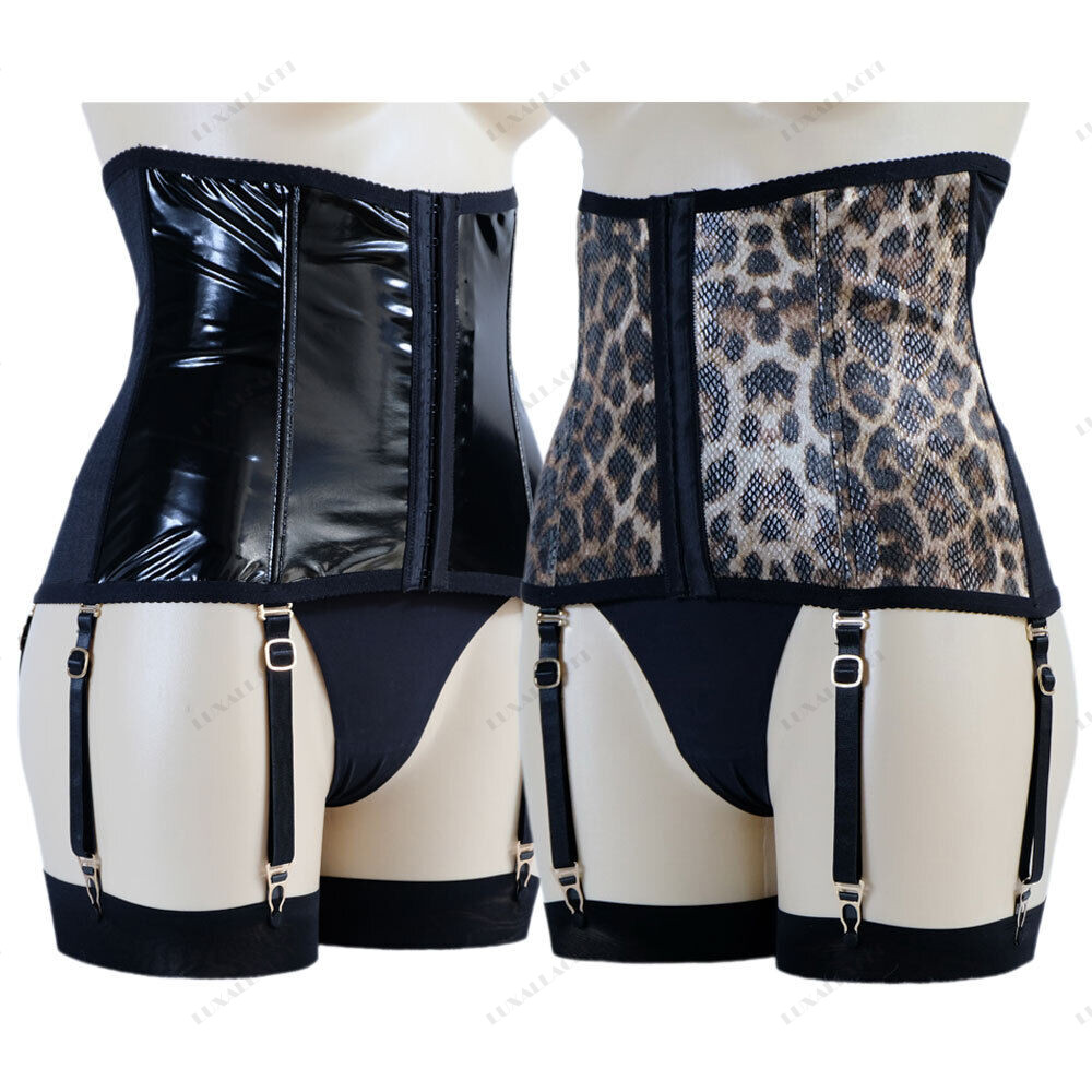 Luxallacki Mesh Pu Leopard Waist Cincher 6 Straps Garter Boned Shaping Corset