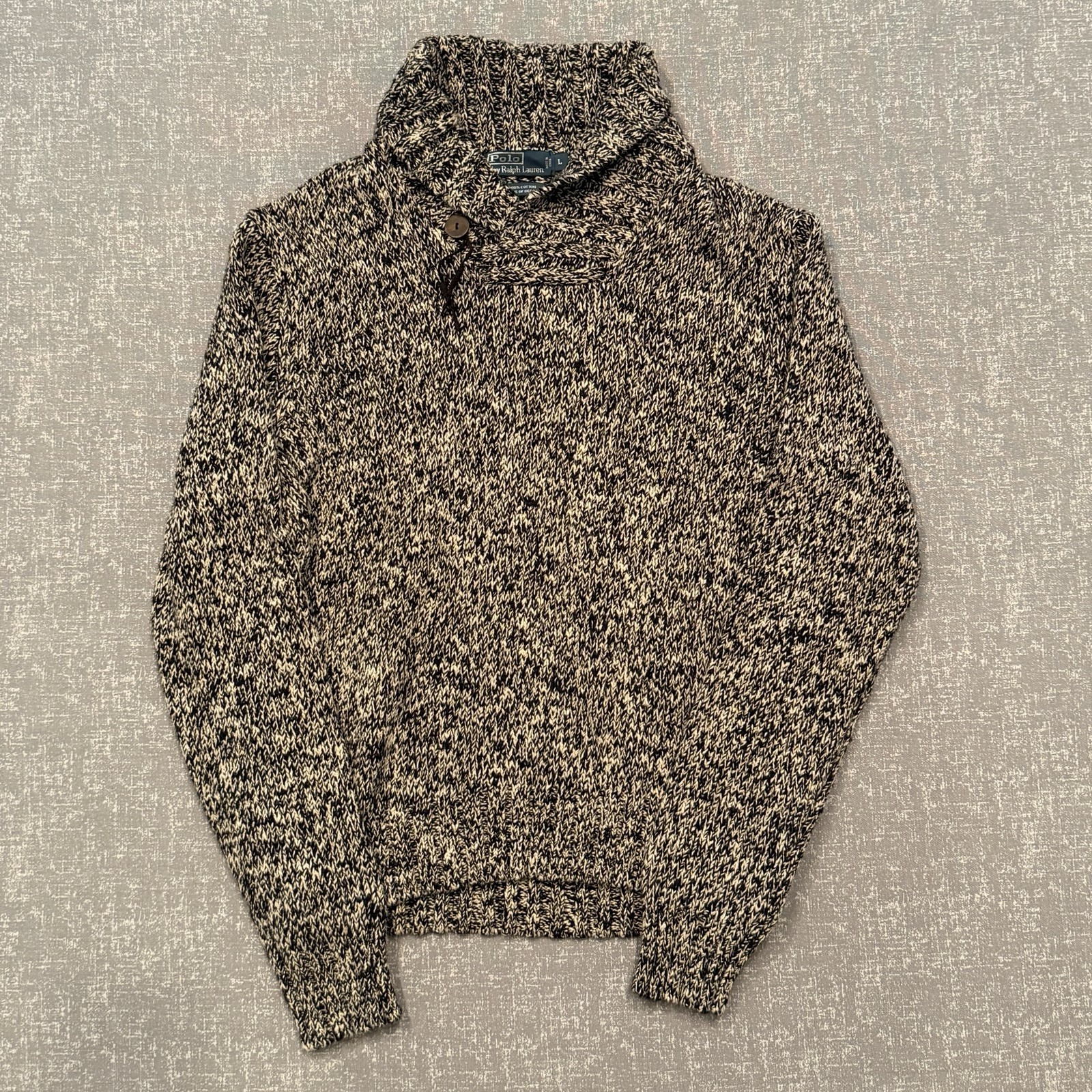 Polo Ralph Lauren Sweater Mens Large Black White Marled Turtleneck Heavy Knit