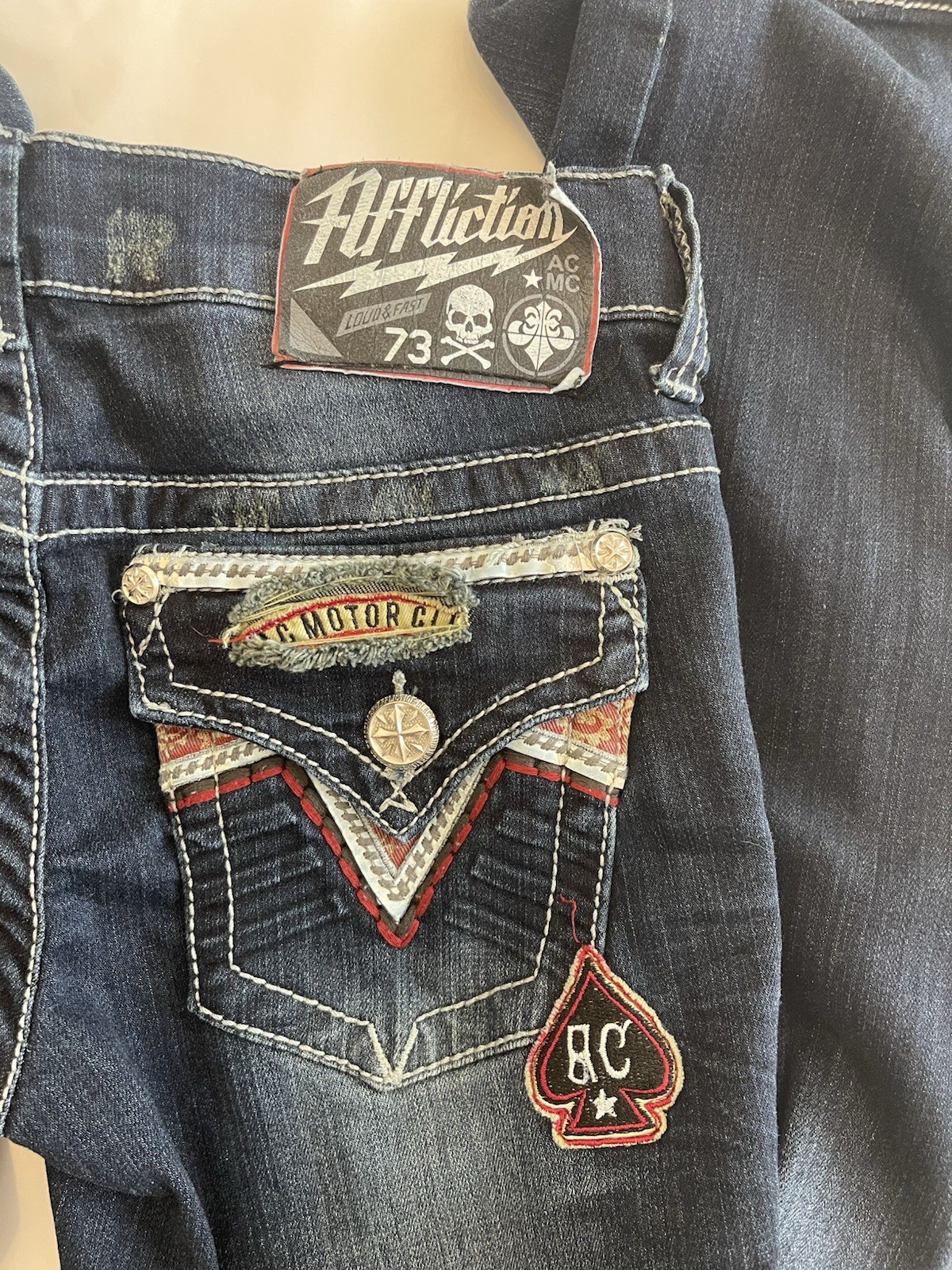 Affliction Jade Embellished Handkerchief Patchwork Jeans Size 27 Mcbling Low Cut
