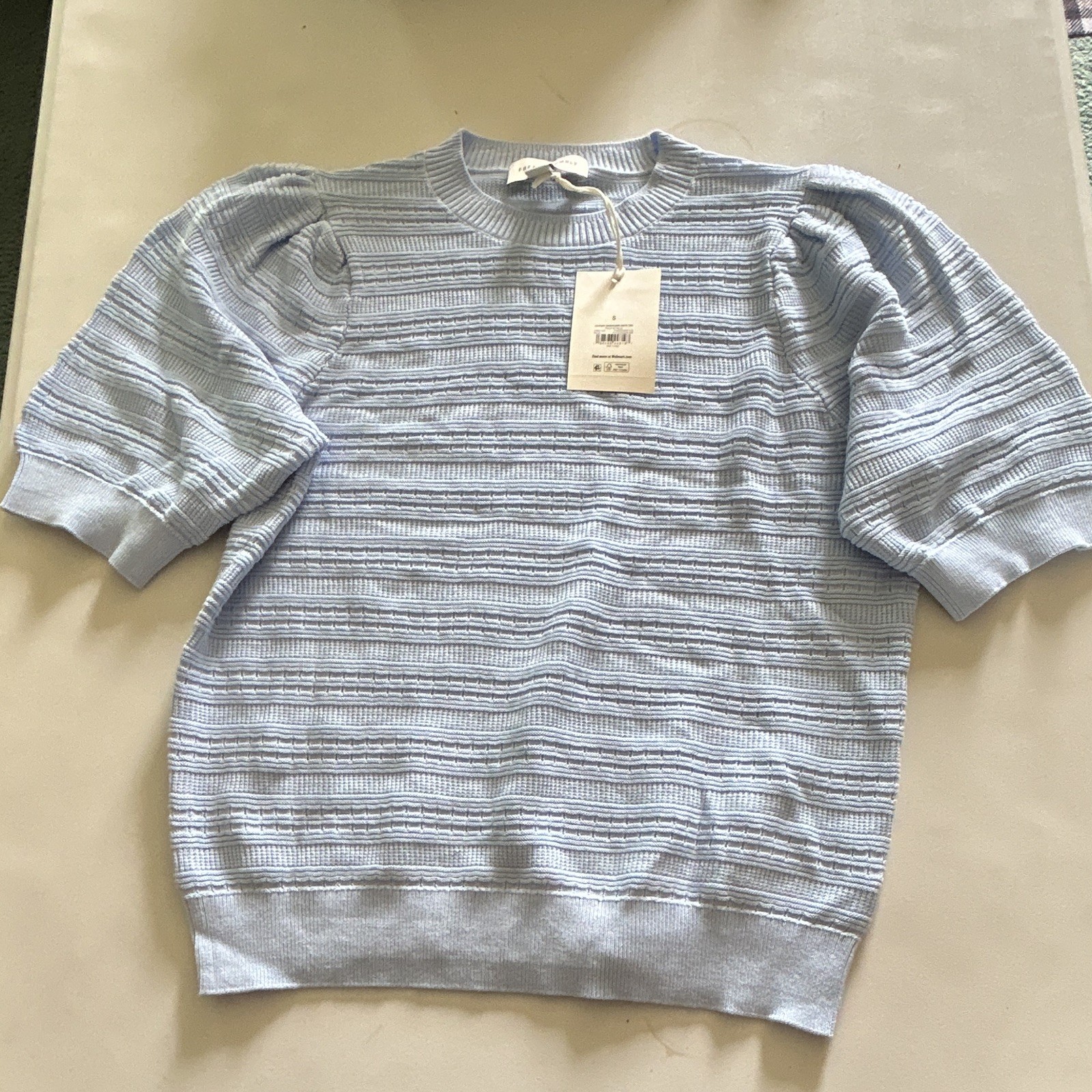 Free Assembly Women’s Striped Knit Puff Sleeve Crew Neck Sweater, Blue S