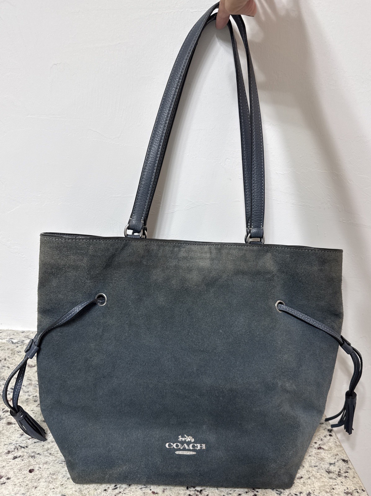 COACH Andy Tote Suede Bag, Navy, CM088