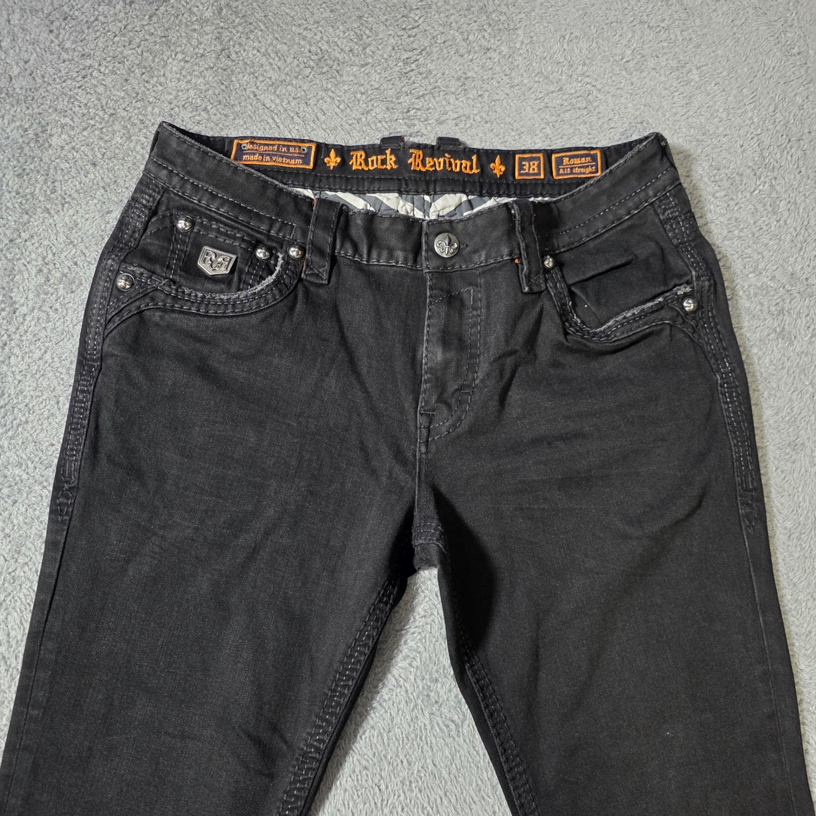 Rock Revival Mens 38 Roman Alt Straight Black Embellished Zipper Pockt Jeans Y2K