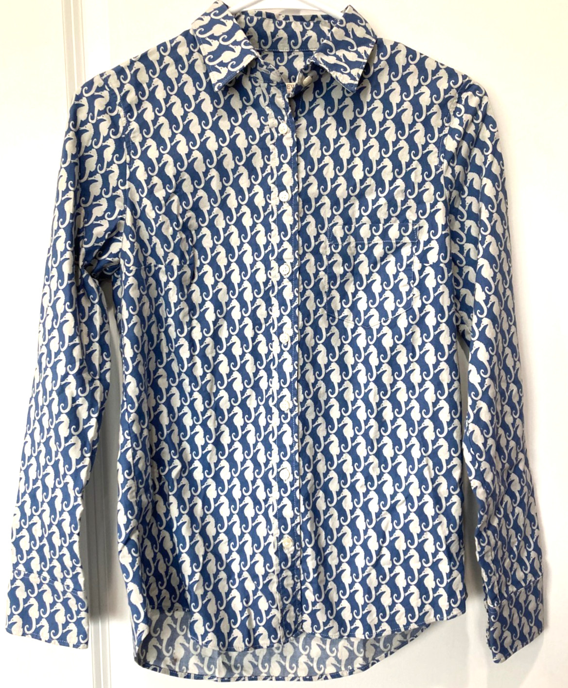J CREW Seahorse Nautical 100% Cotton Button Up Shirt Long Sleeve Womens Size XXS