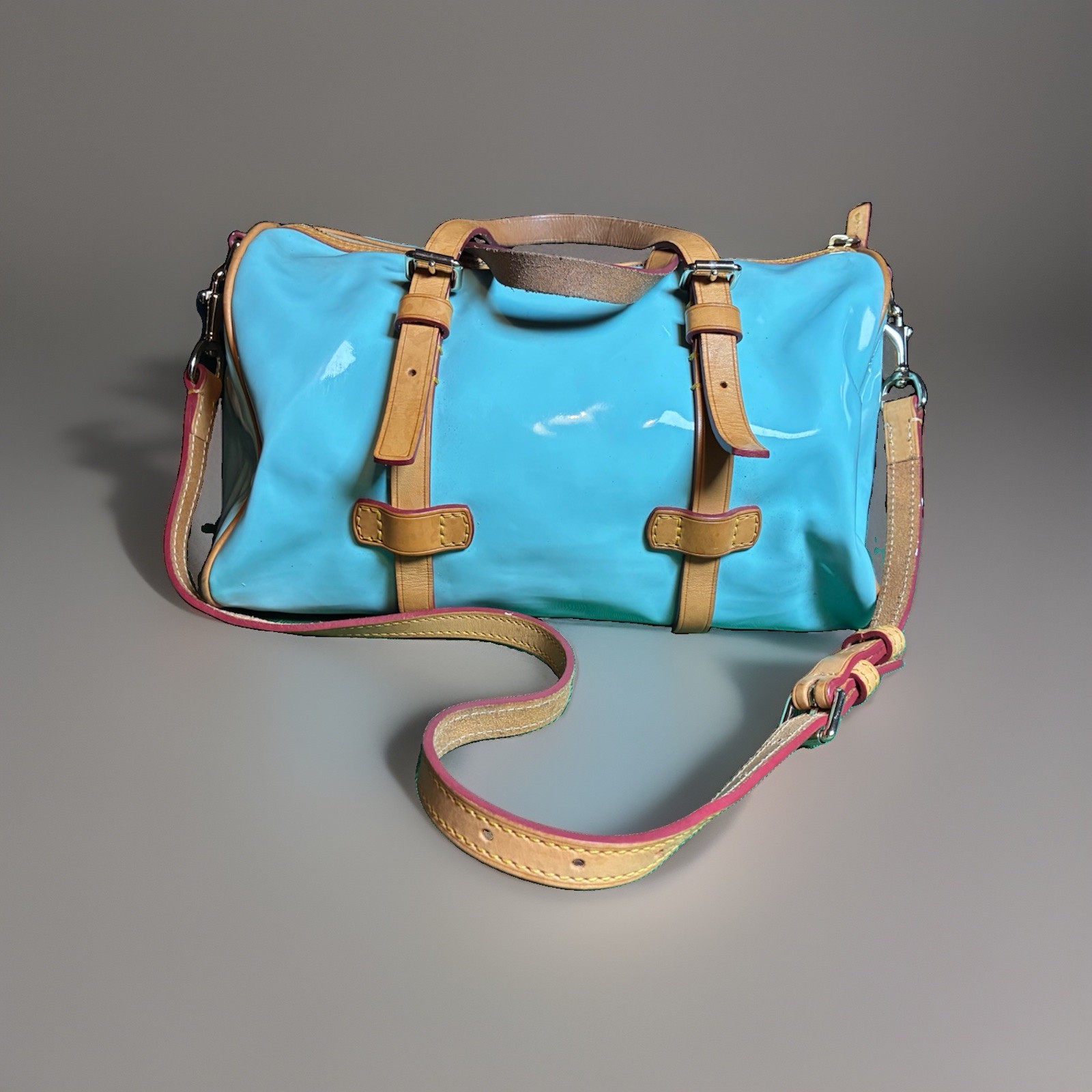 Dooney & Bourke Y2K Light Blue Patent Leather Satchel Bag Red Trim Crossbody
