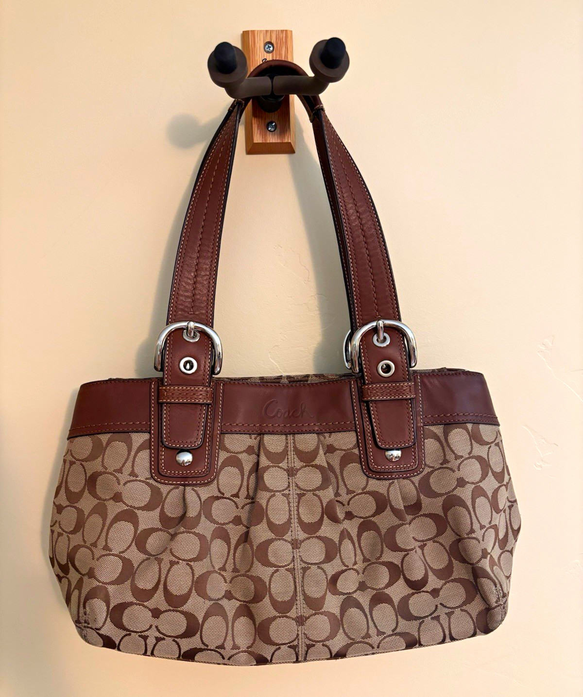 Coach Soho Signature C Monogram Shoulder Bag Brown Leather Trim Pleated