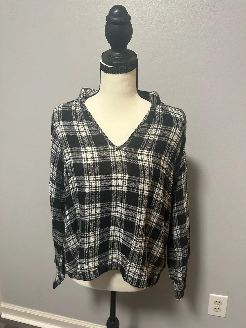 Madewell Highroad Popover Plaid Blouse Black White Size S