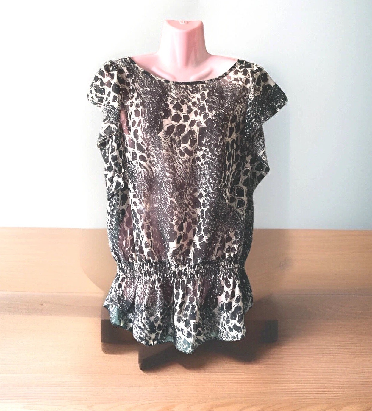 Ladies Black Grey Mix Top Animal Print Sparkle Detail Cap Sleeve Size 12 BNWOT