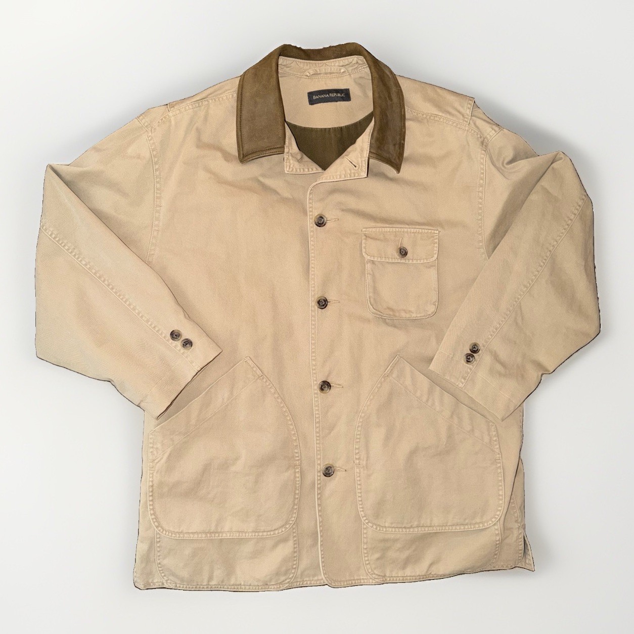 Vintage 90s Banana Republic Barn Coat Mens Tan Leather Collar Canvas Chore Large