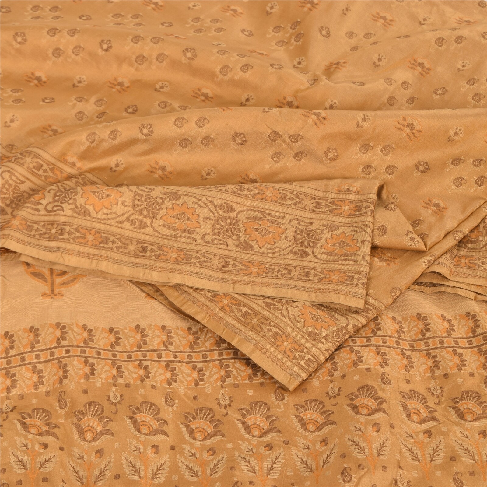 Sanskriti Vintage Beige Sarees 100% Pure Silk Hand-Woven Premium Sari Fabric