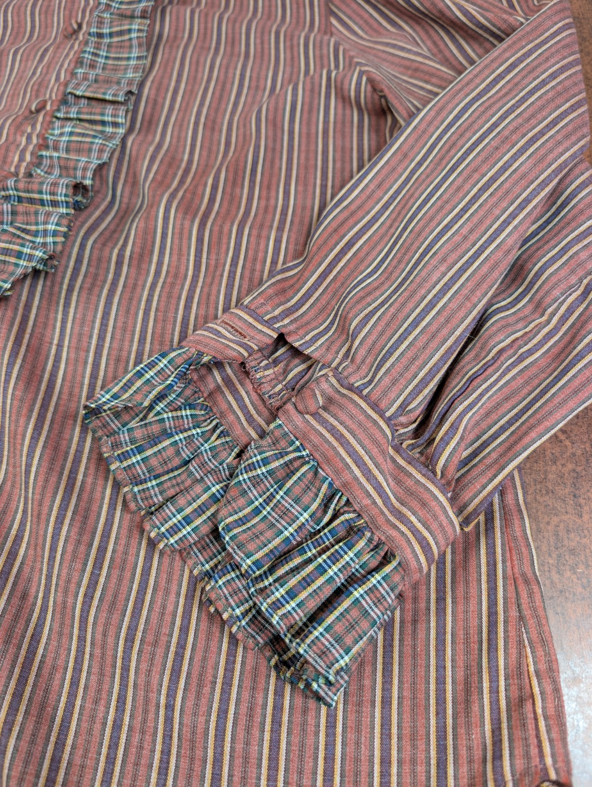 Vintage 70s Stras Teacher Retro Blouse Chic Office Button Fringe Stripes Sz S/M