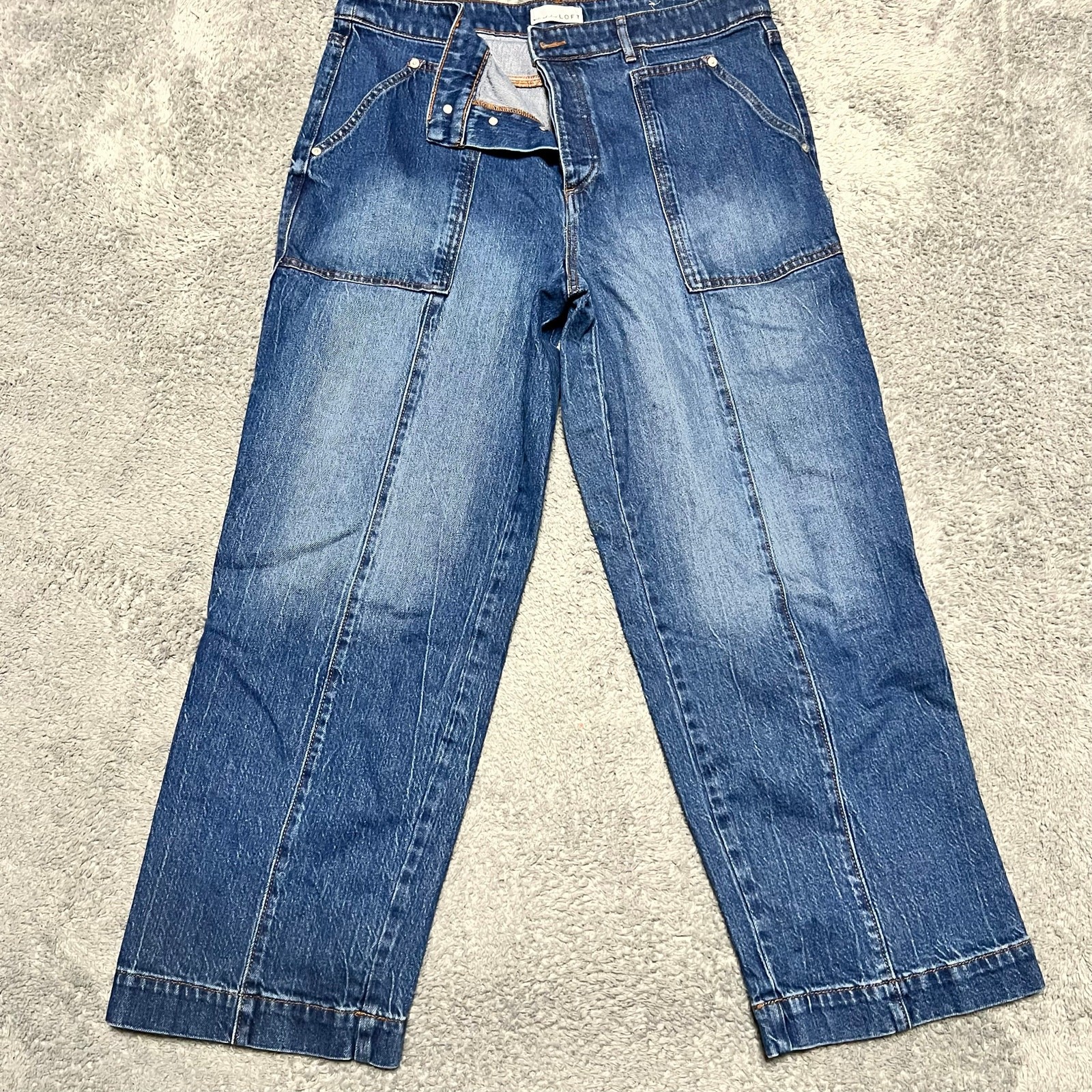 Loft Jeans Womens 32 /14 (35×26) The Straight High Rise Blue Cropped Button Fly