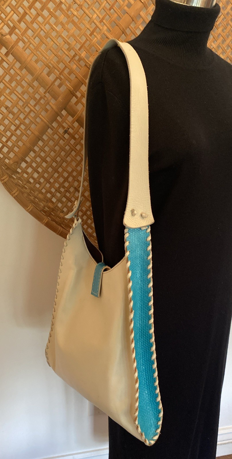 Divine Tribe by Chad Ypon Leather Shoulder Messenger Bag Beige/Turquoise RARE