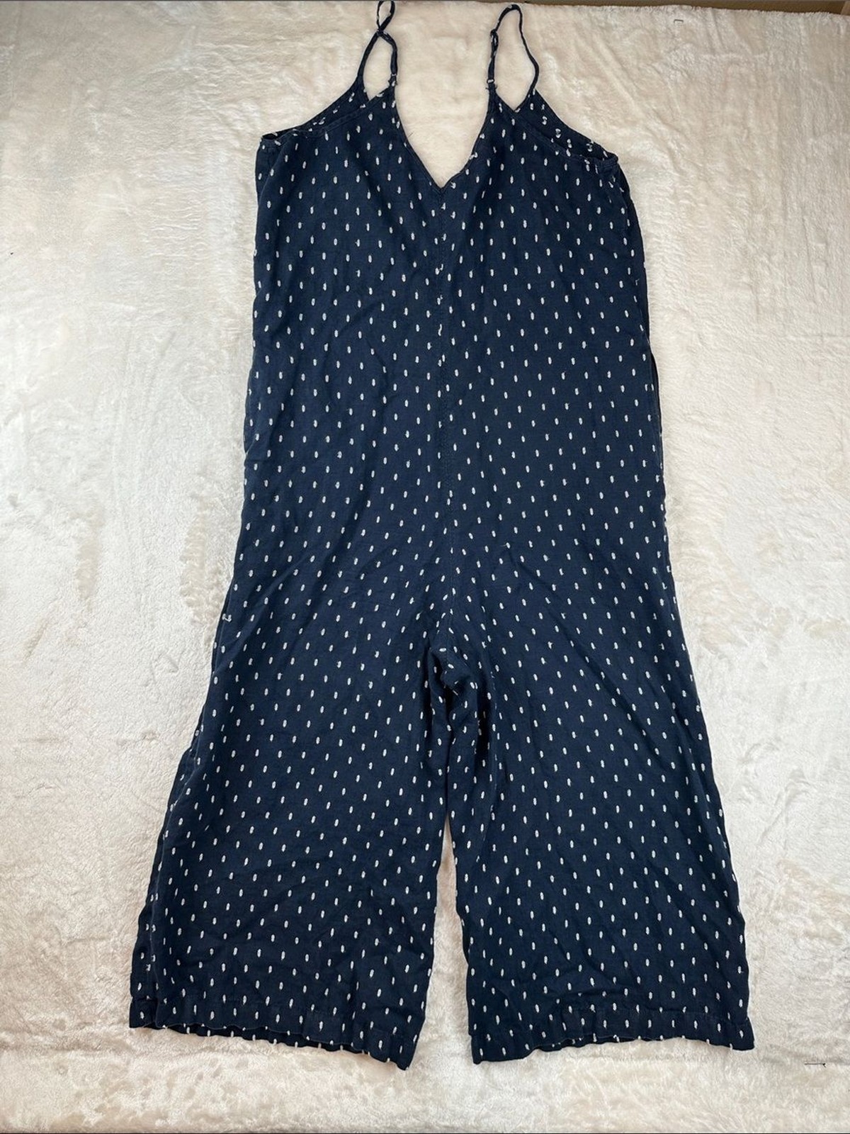 Athleta Navy Blue Dot Print Jumpsuit Womens 6 Adjustable Strap Wide Leg | Boho