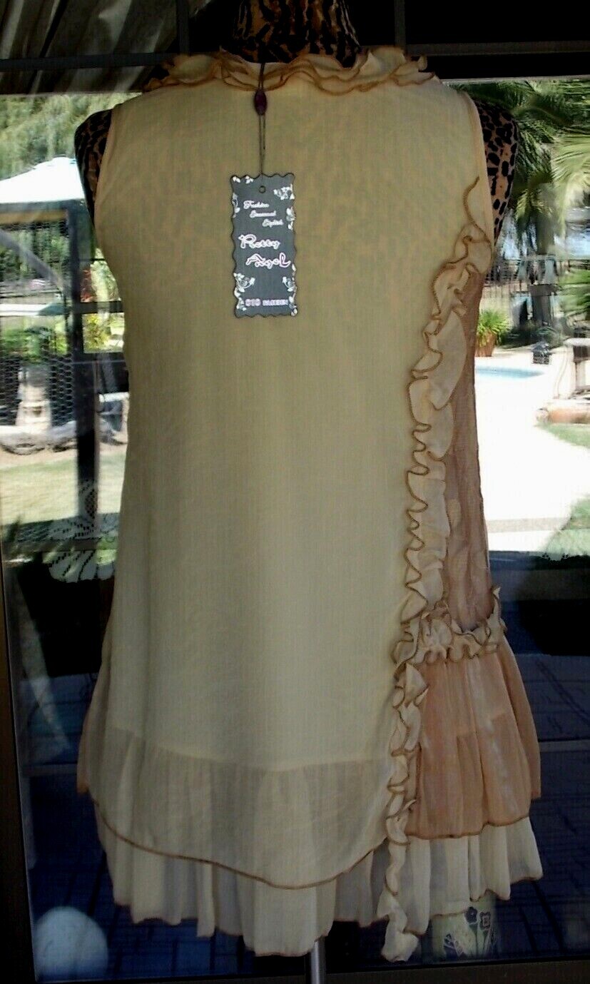 New Sleeveless Lined Lacy Ruffle Trim Silkblend Pretty Angel Tunic Shirt Sz. S