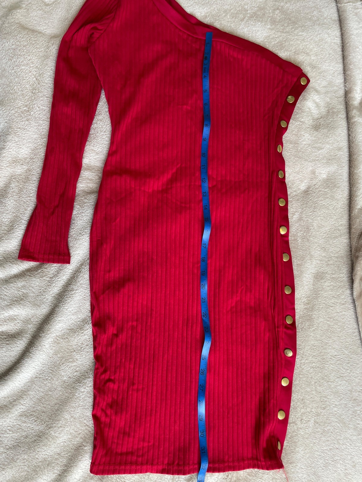 New Without Tag Red One Shoulder Bodycon Rib Knit Dress with Gold Button Detail