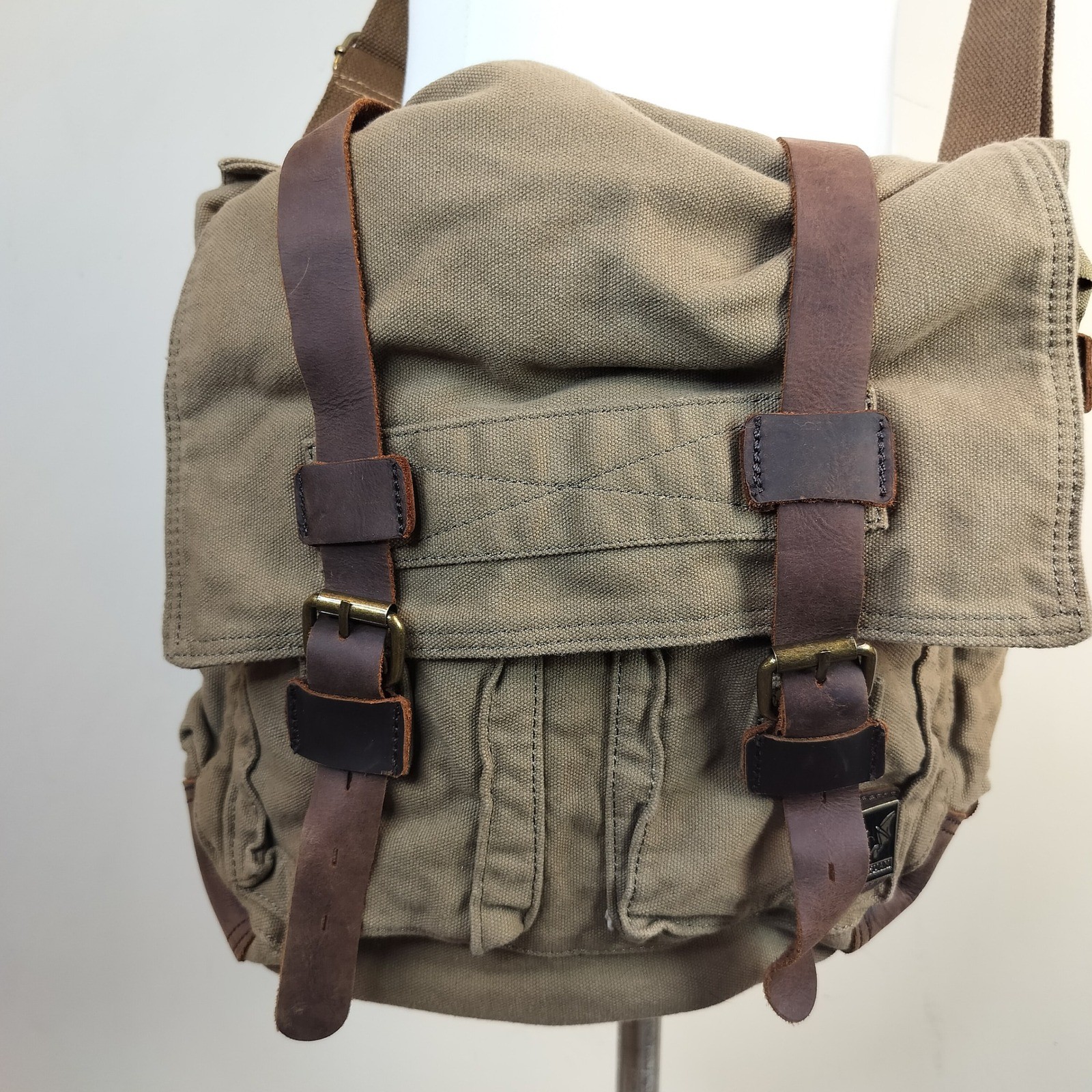 Muchuan Canvas & Leather Messenger Crossbody Bag Unisex Utility Gorpcore Rugged