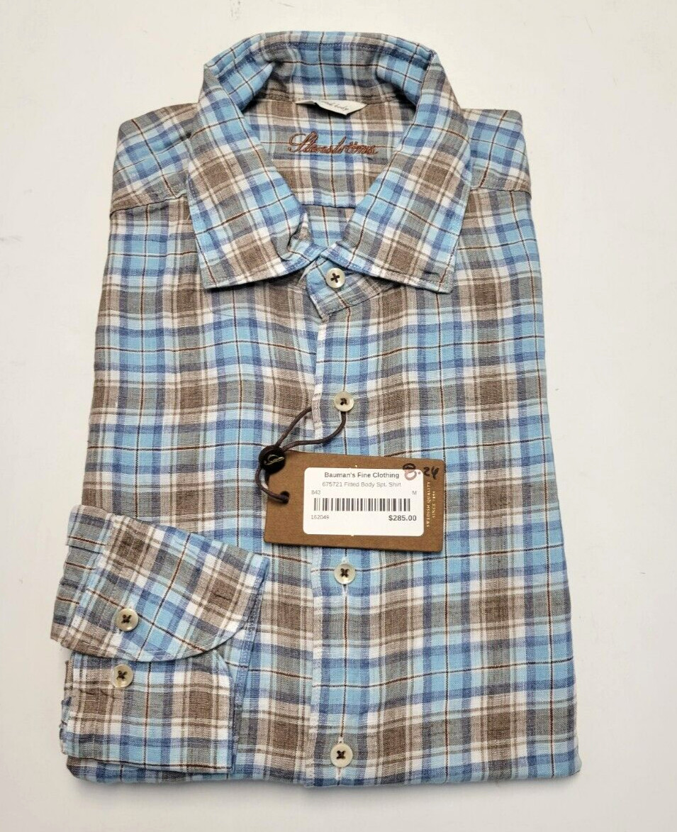 $285 New STENSTROMS Plaid Check Button LINEN SHIRT Men MEDIUM Blue Brown Fitted
