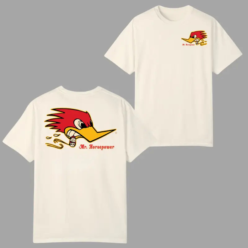 Mr. Horsepower Woodpecker T-Shirt, Retro Hot Rod 2 Sides Design, Smoking Cartoon