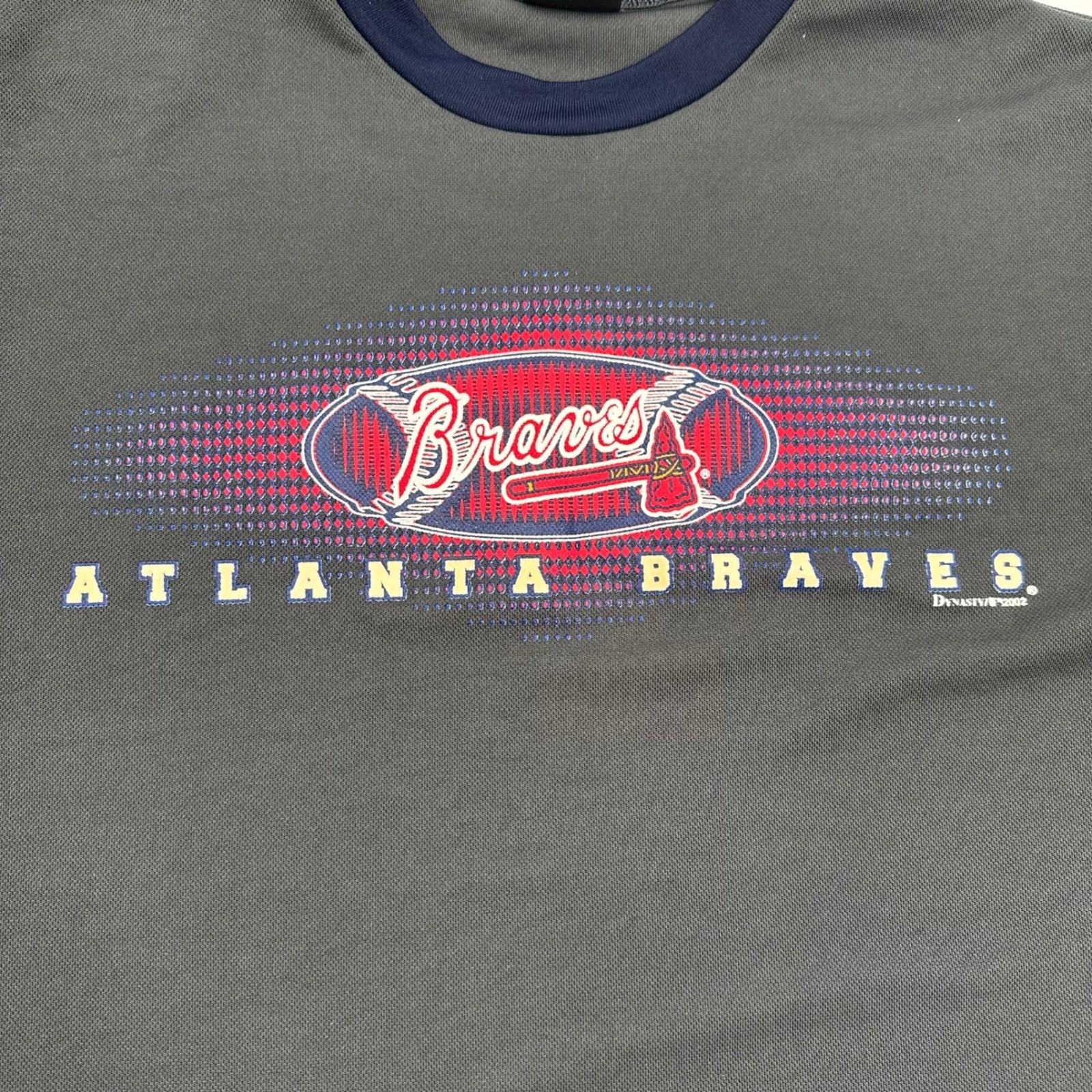 Vintage 2002 Atlanta Braves Dynasty Sample Ringer T-Shirt Grey Navy Mens XL Y2K