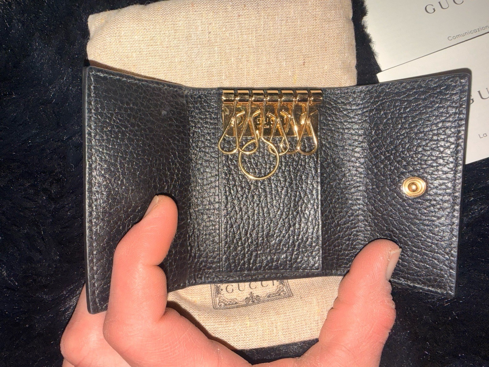 Gucci GG Marmont Key Holder Wallet Black Leather Canvas Gold HW Box