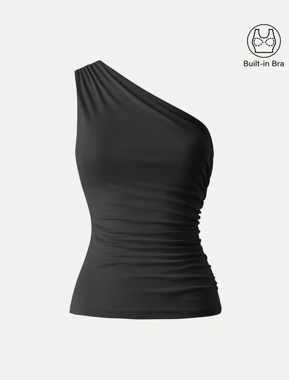 OGL Sandwashed One Shoulder Ruched Bra Tank, Black (NEW)