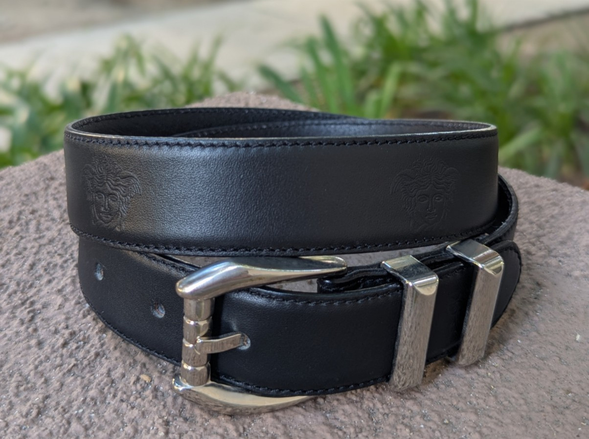 GIANNI VERSACE 90’s Silver Buckle MEDUSA Belt Black Leather Size 27 28 29 30 31″