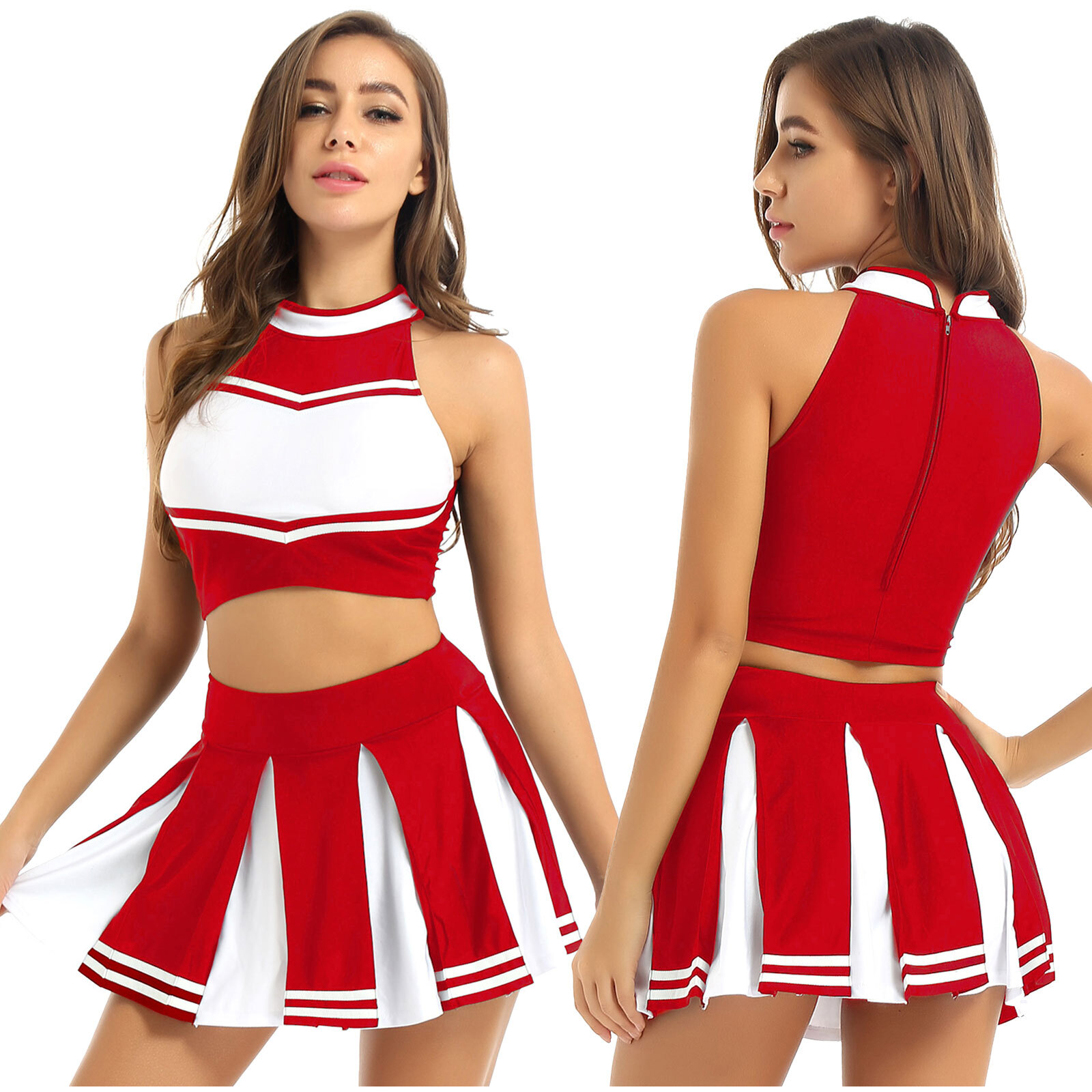 2Pcs Women‘s Cheerleadering Cosplay Uniform Sleeveless Tank with Mini Skirt