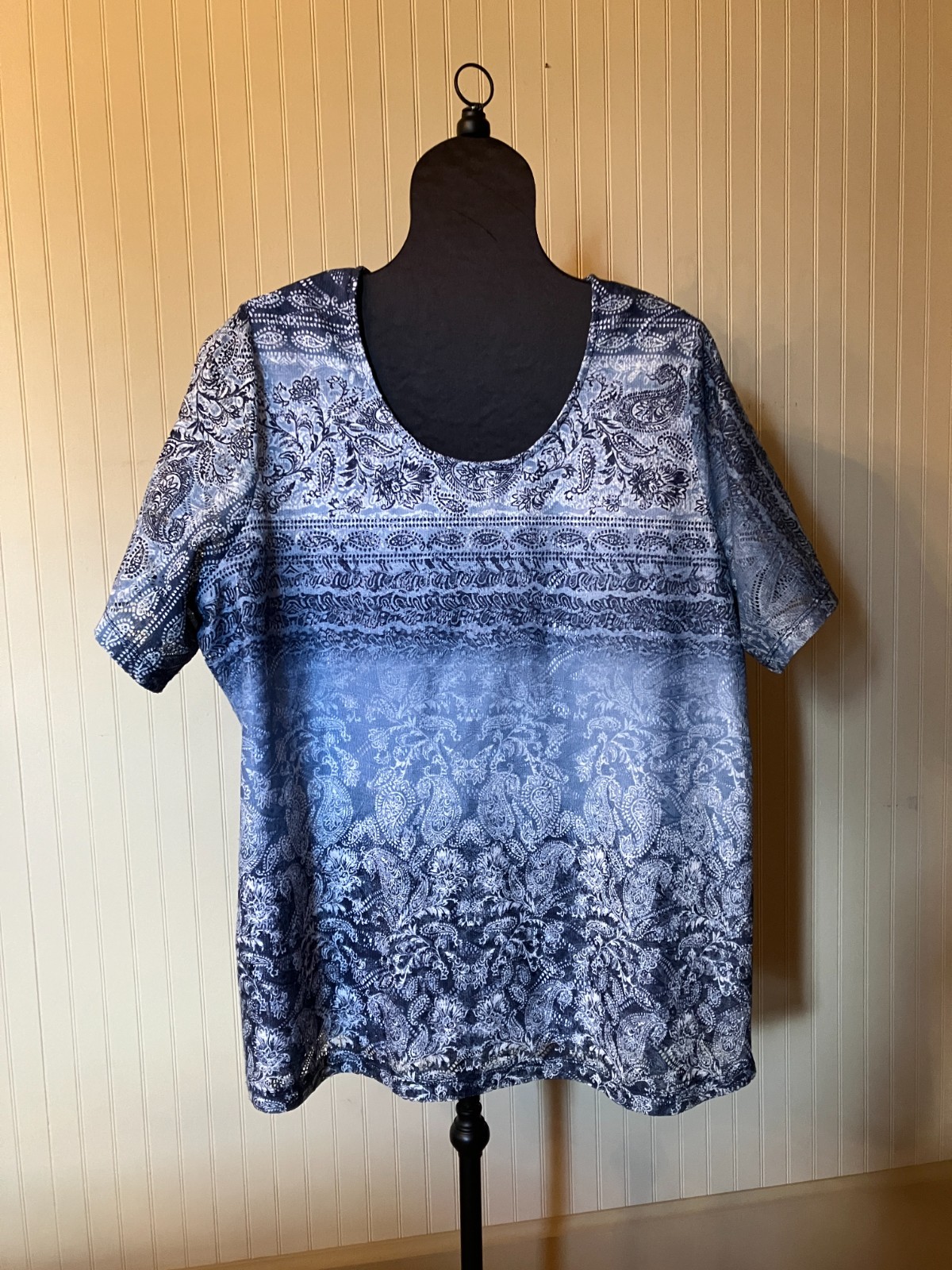 CATHERINES ~1X~Denim Blues Ombre Paisley/Floral ~S/SLV~Lined Knit Lace Tunic Top