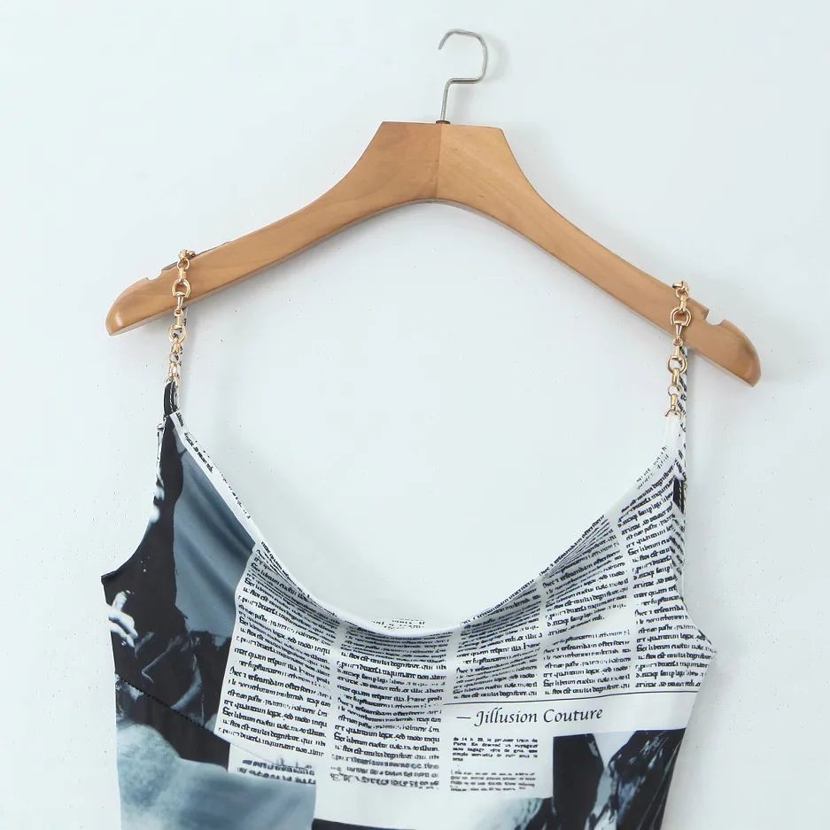 YENKYE New Women Newspaper Letter Print Irregular Hem Sling Dresses Fashion