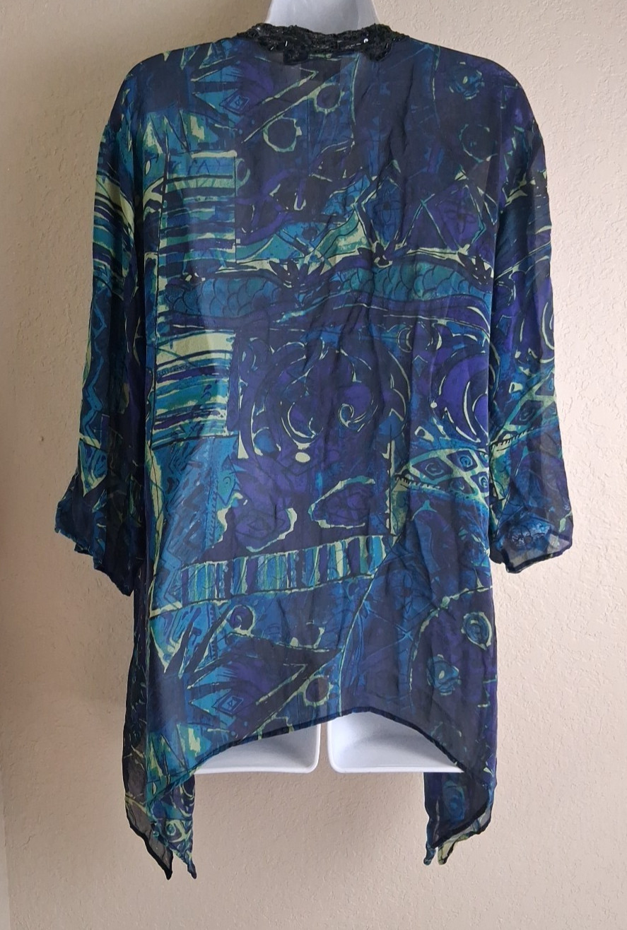Chicos Women’s Crochet Beaded Rim Neck Blue semi Sheer Tunic Size 2