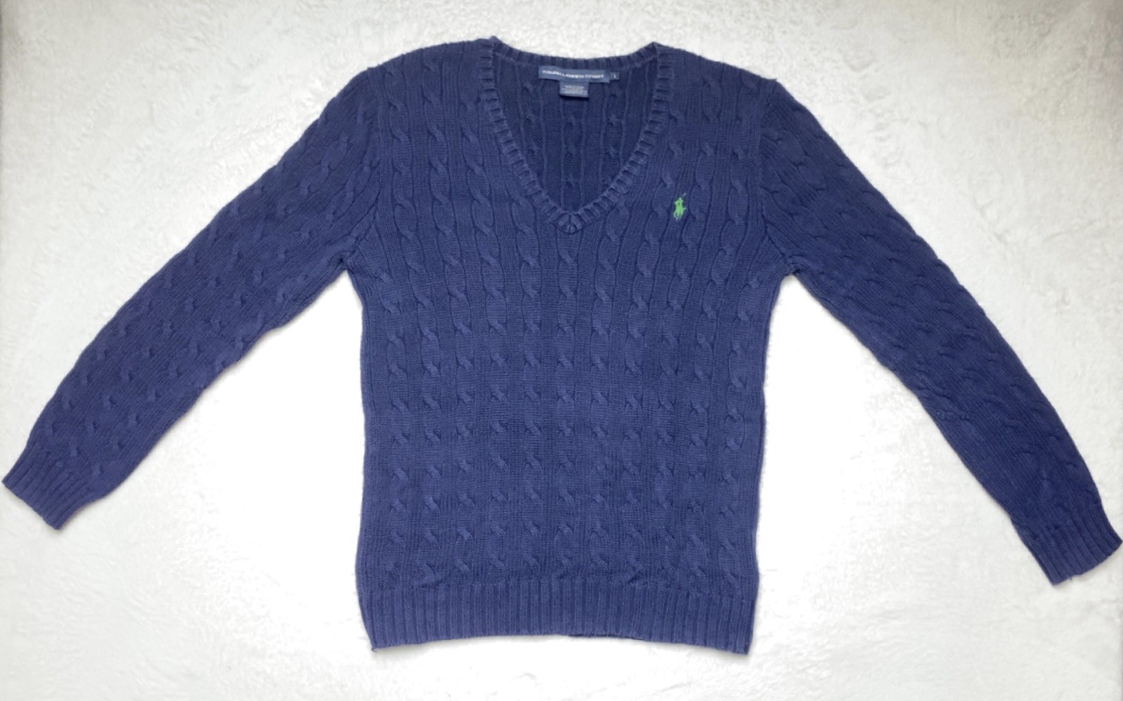 Ralph Lauren Sport Women’s Large Navy Blue 100% Cotton Cable Knit V Neck Sweater