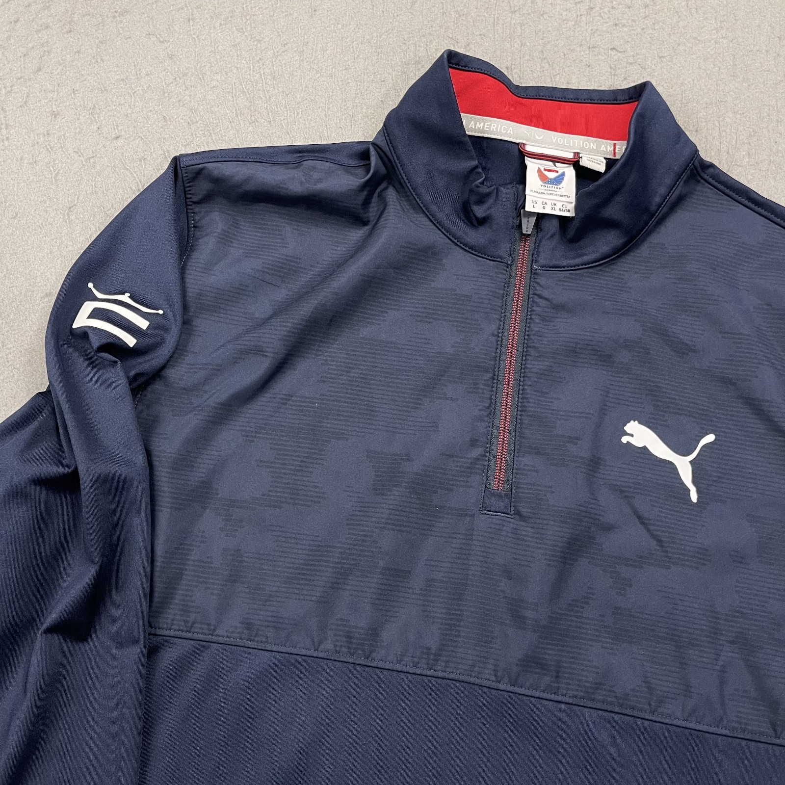 Puma Volition Golf Jacket Mens Large Blue Flag 1/4 Quarter Zip Cobra Logo Tour
