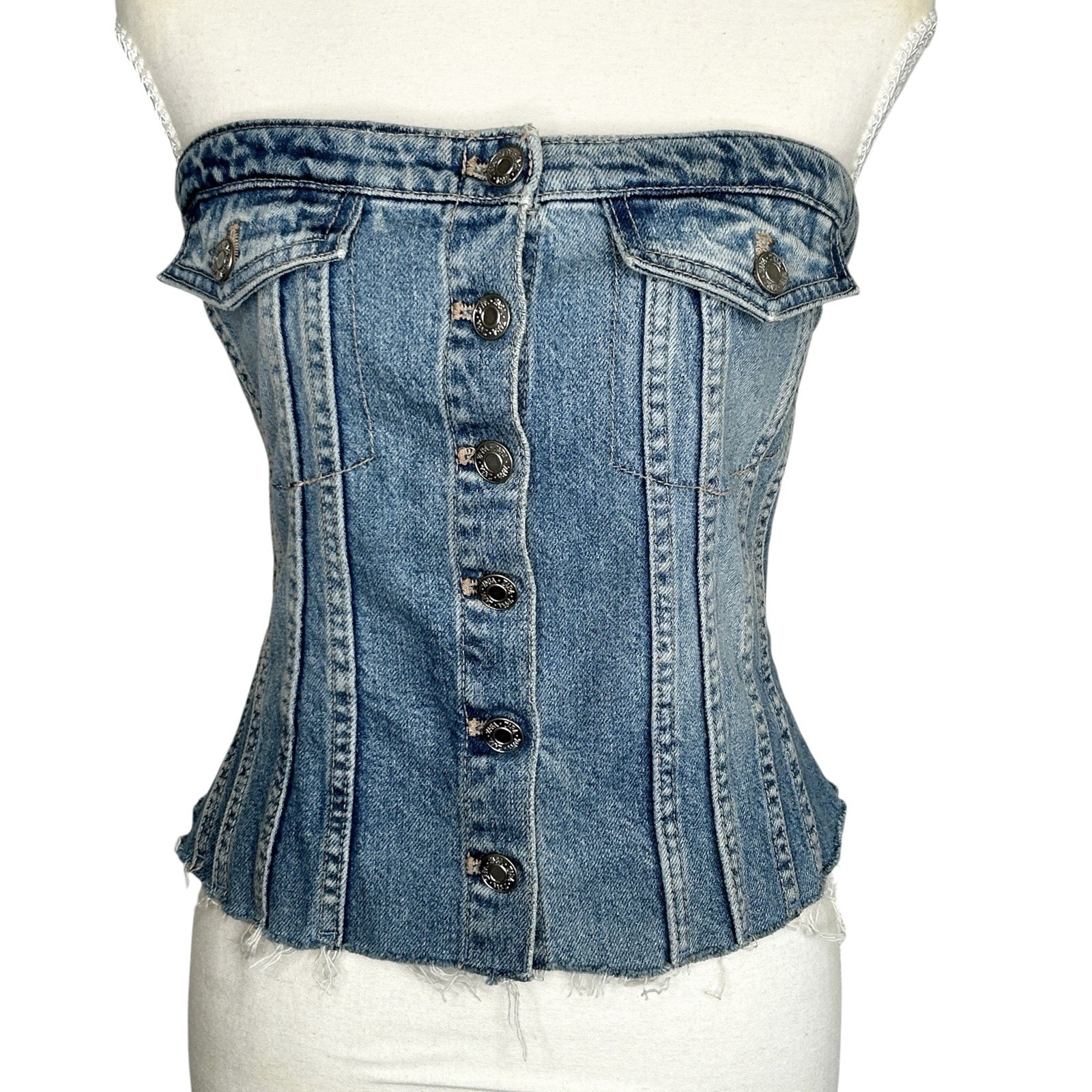 Zara Denim Strapless Corset Top Medium Western Festival Cowgirl Stretchy Rodeo