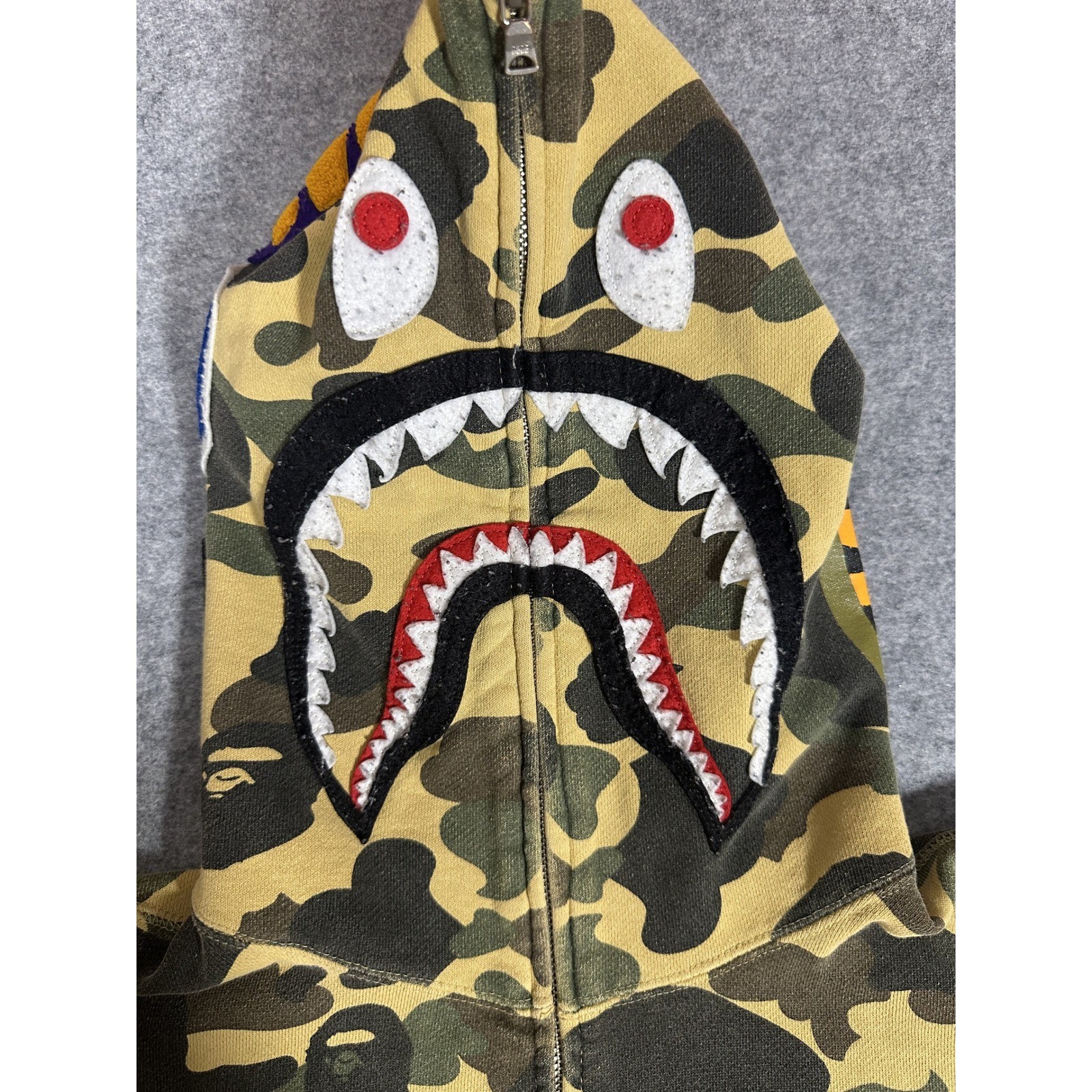 A Bathing Ape Shark Full-Zip Hoodie Medium Yellow Camo Cotton Frayed Hem