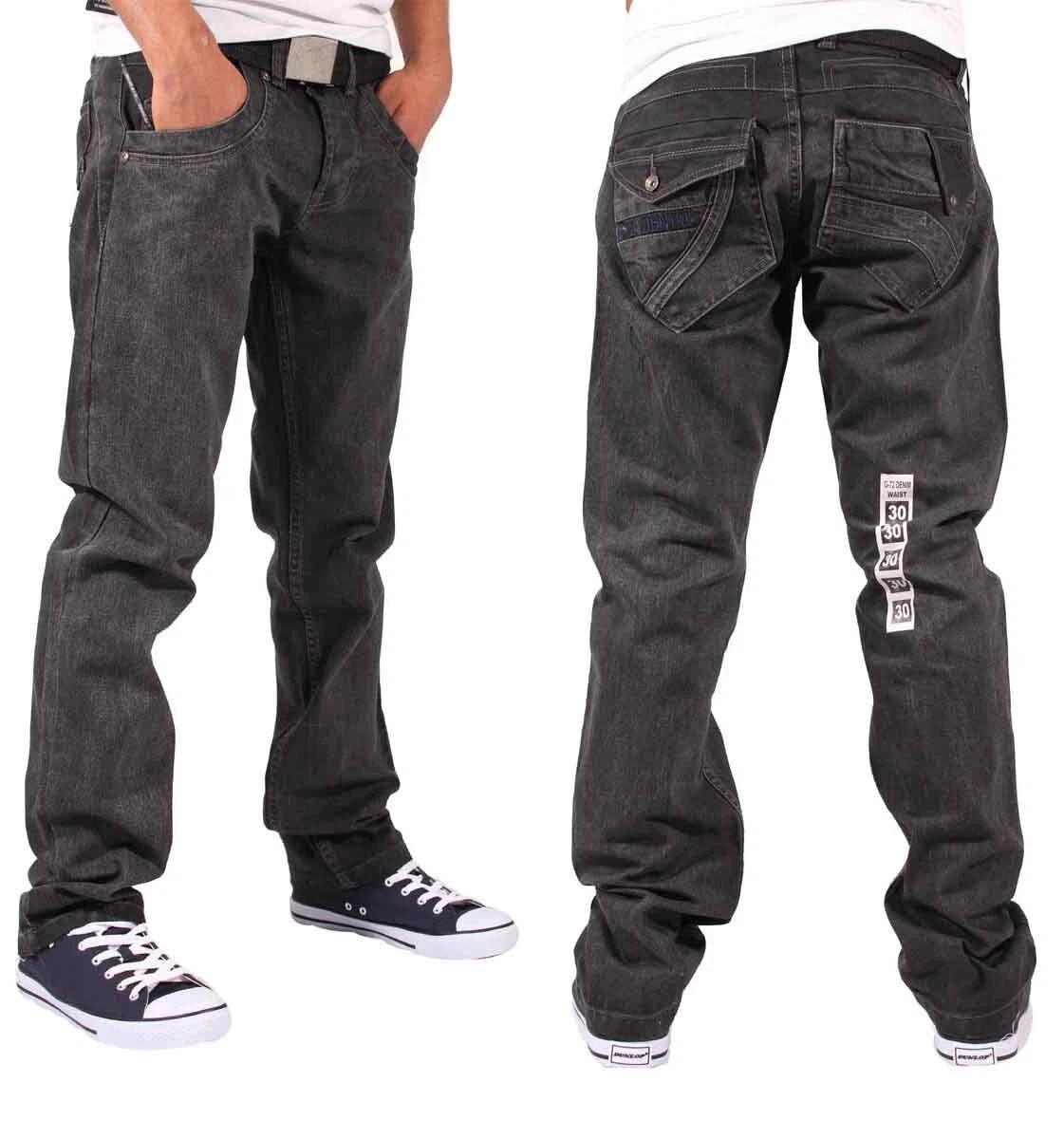 G-72 Men’s Black Denim Jeans Straight Fit W30–W42 with FREE Belt Casual Jeans
