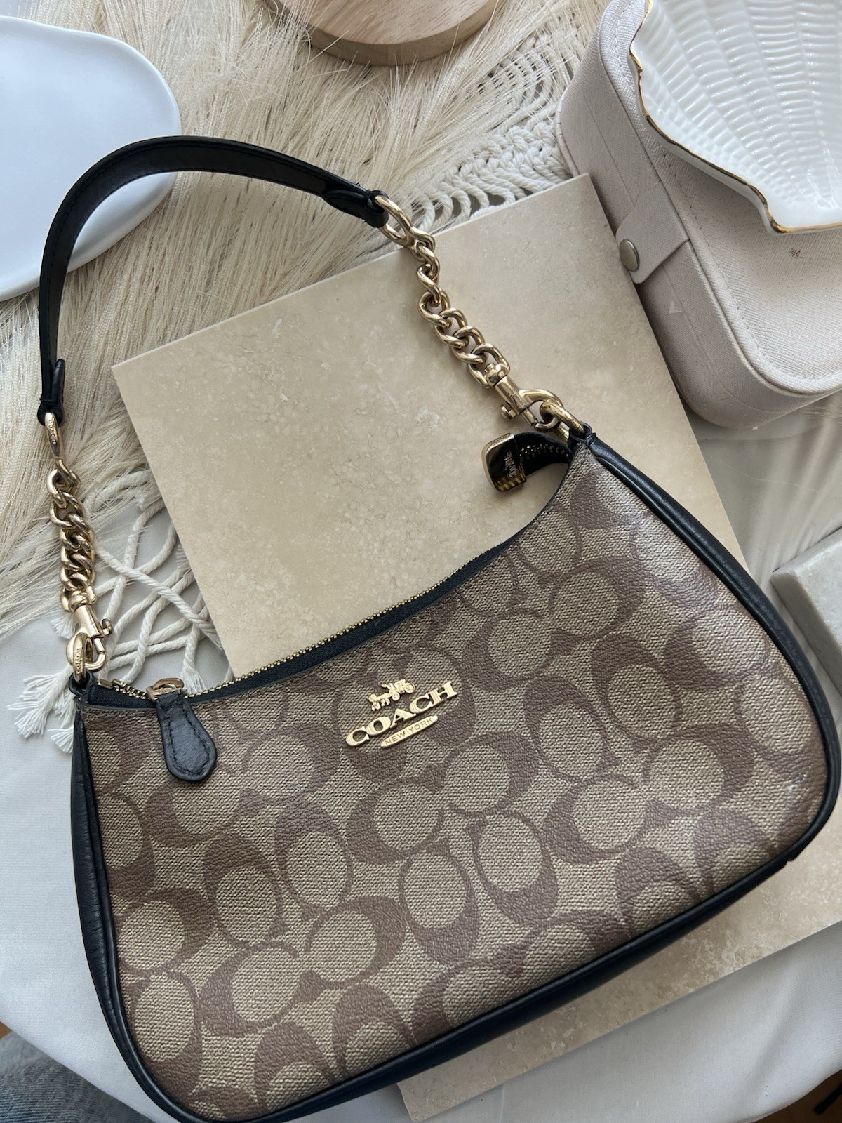 Coach Brown/Black Signature Logo Small Shoulder Bag Zip Top Chain Detachable