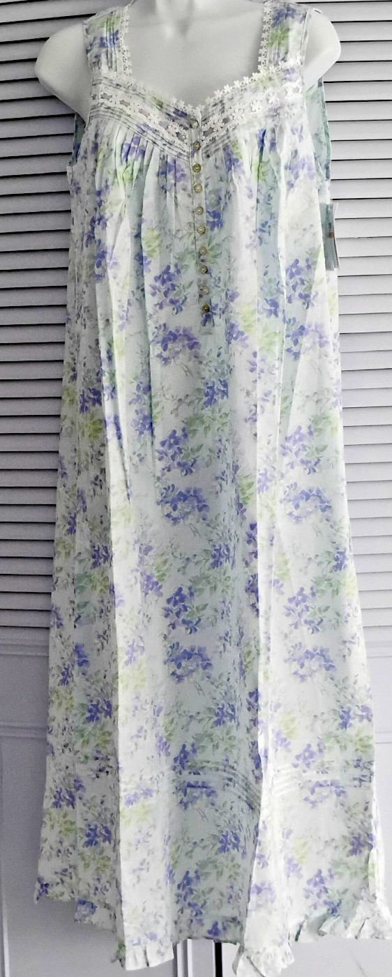 Eileen West Blue Multi Floral Sleeveless 100% Cotton Lawn Ballet Nightgown S