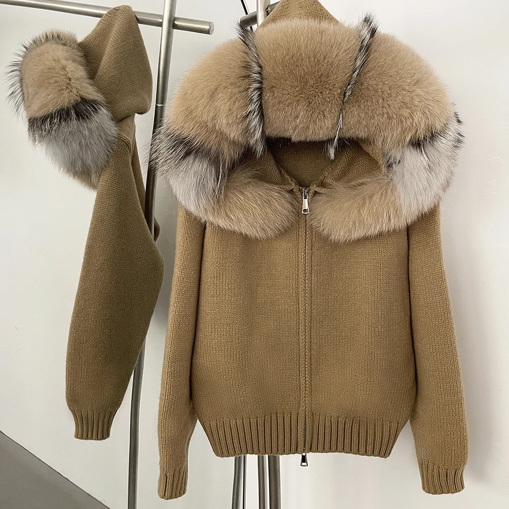 Womens Real Fox Fur Knit Hoodie Zip Sweater Oversized Cardigan Jacket