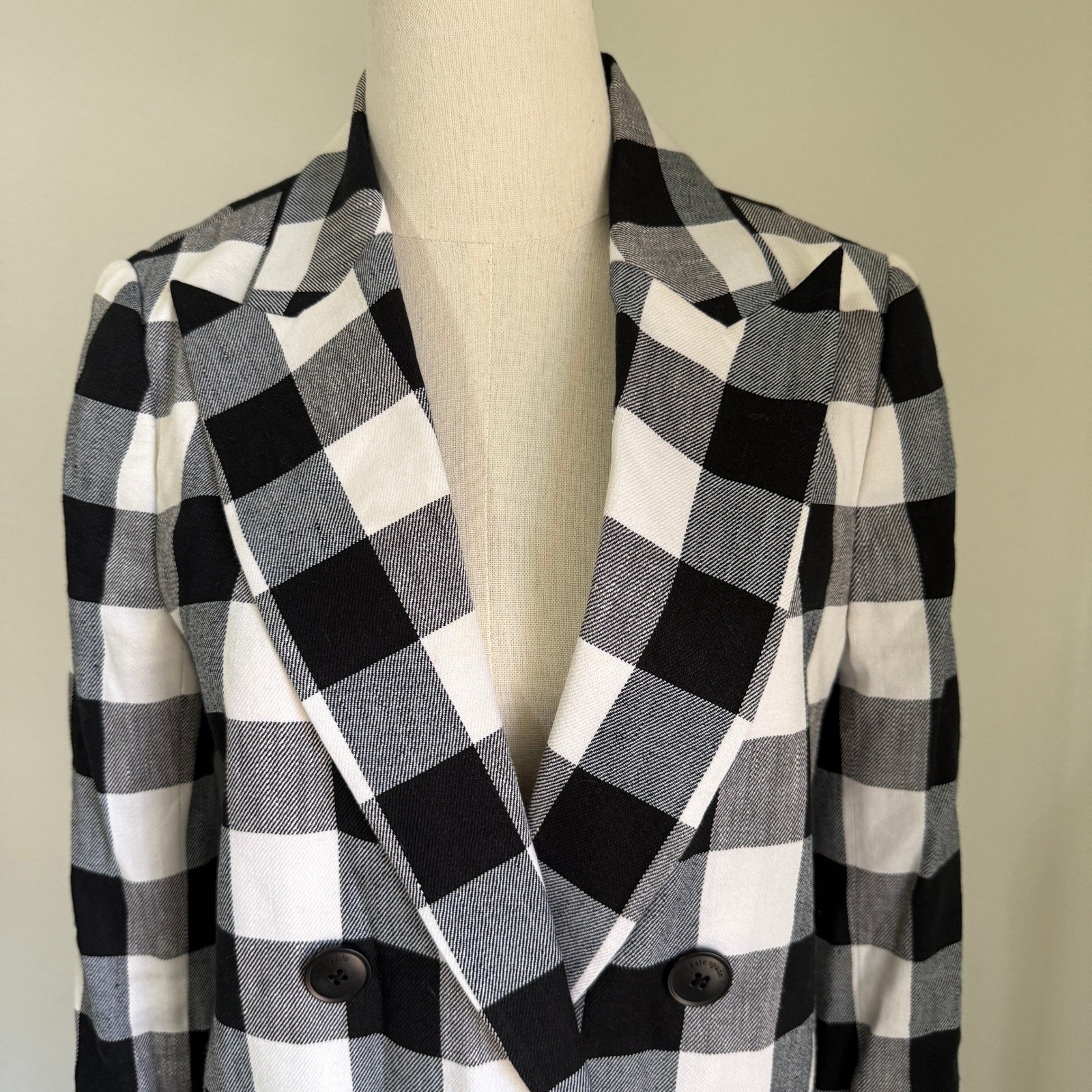 Kate Spade Gingham Linen Blend Double Breasted Blazer 2 Preppy Tailored Black